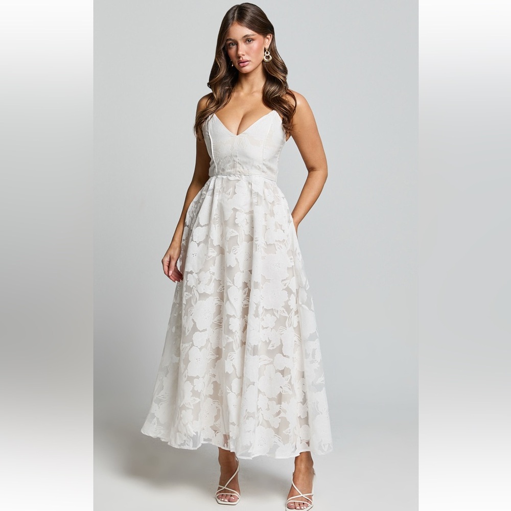Showpo Philine Midi Dress - Jacquard Plunge Fit and Flare Dress in White
